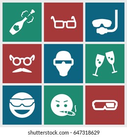 Glasses icons set. set of 9 glasses filled icons such as smoking emot, champagne