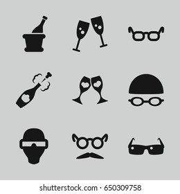 Glasses icons set. set of 9 glasses filled icons such as mustache and glasses