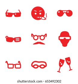 Glasses icons set. set of 9 glasses filled icons such as mustache and glasses