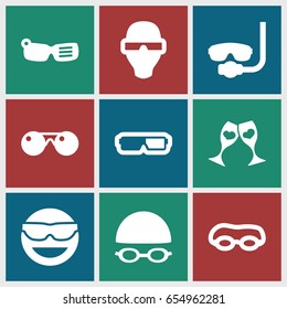 Glasses icons set. set of 9 glasses filled icons such as emot in sun glasses