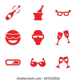 Glasses icons set. set of 9 glasses filled icons such as emot in sun glasses