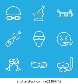 Glasses icons set. set of 9 glasses outline icons such as champagne, smoking emot