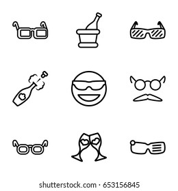 Glasses icons set. set of 9 glasses outline icons such as mustache and glasses