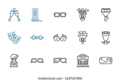 glasses icons set. Collection of glasses with ar glasses, cinema, sunglasses, librarian, bouquet, eyeglasses, bow tie, theatre, hologram. Editable and scalable icons.