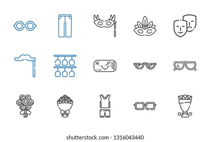 glasses icons set. Collection of glasses with bouquet, eyeglasses, sportswear, sunglasses, ar glasses, mustache, comedy, eye mask, trousers. Editable and scalable icons.