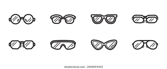 Glasses icons set. Eyewear of various shapes and types. Vector illustration. Editable stroke outline