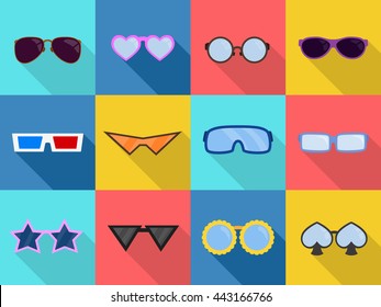 Glasses icons set. Sunglasses and medical glasses. glasses of different shapes flat design