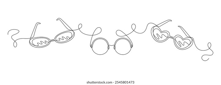 Glasses for improving vision, sunglasses drawn with continuous line in minimalism abstract style, editable vector contour.