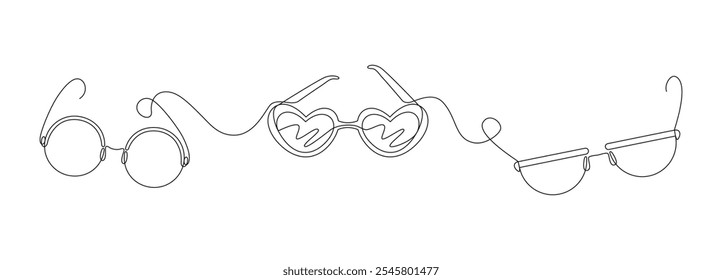 Glasses for improving vision, sunglasses drawn with continuous line in minimalism abstract style, editable vector contour.