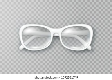 Glasses Isolated On Transparent Background. White Fashion Woman Eyeglasses With Shade Top View. Vector 3d Optical Eyewear Product Template.