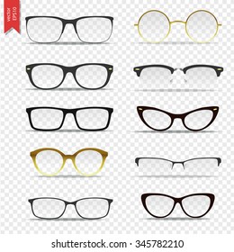 Gafas aisladas sobre fondo transparente. Ilustración vectorial, gran colección de lentes icono para mujer y hombre.