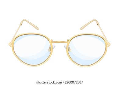 Glasses isolated on white background. Round lens type golden eyeglasses for read. Vintage, classic or fashion accessory. Glasses with yellow rimmed, front view. Stock vector illustration