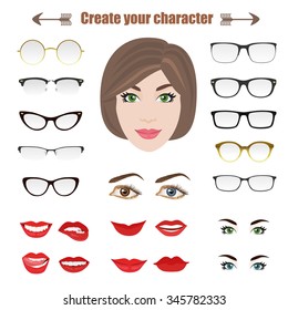 Glasses isolated on white background. Vector illustration, set of glasses icon for woman. Woman lips, mouth, eyebrows, eyes and face. Female lips with and smile. The mouth with a kiss.