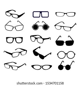 Glasses isolated. vector silhouette on white background. model icons. Collection of fashion accessories at different angles