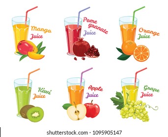 Glasses with juice isolated on white background. Set of different fruit and berry juices. Summer cool drinks. Pomegranate, apple, orange, mango, grapes, kiwi.  Vector illustration in flat style.