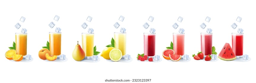 Glasses with juice isolated on white background. Set of different fruit and berry juices. Summer cool drinks. mango, multifruit, melon, banana, apple, kiwi, blackberry and blueberry. Realistic 3d Vect