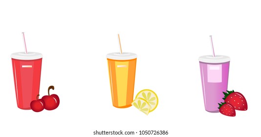 Glasses for juice. Strawberry juice. Cherry juice. Lemonade.
Plastic cup