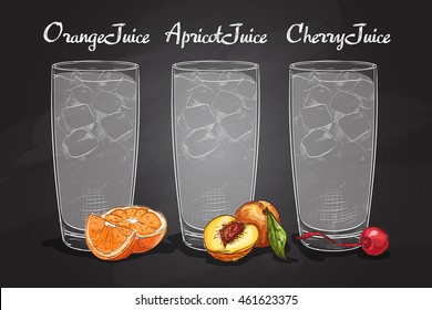 Glasses of juices on a blackboard