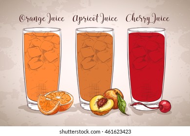 Glasses of juices on a retro background