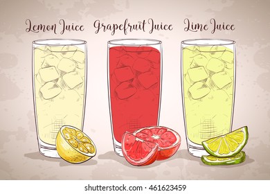 Glasses of juices on a retro background