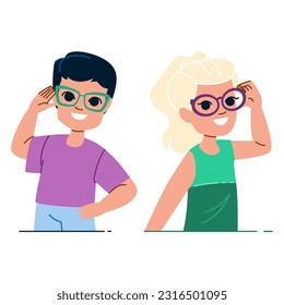 glasses kid vector. child school, cute student, little boy, smart portrait, fun girl glasses kid character. people flat cartoon illustration