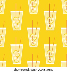 Glasses of lemonade with lemon slices and ice cubes vector seamless pattern background for summer beverages, drinks design.
