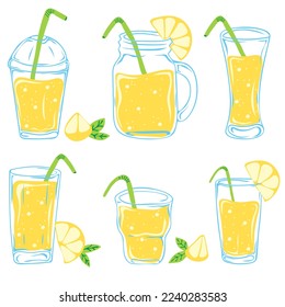 Glasses of lemonade with lemon slices. Set of summer drinks. Vector illustration