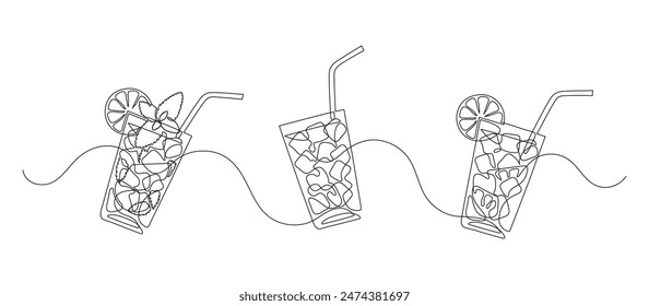 Glasses of lemonade, mojito, or cocktail and water. Continuous line drawing. Border frame.