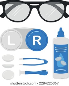 Glasses, lens liquid, tweezers, storage container, suction cup and contact lenses, vector illustration