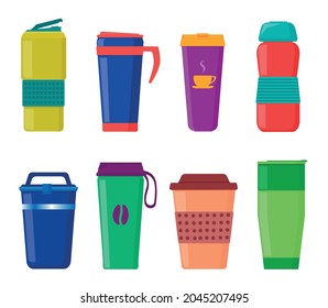 Glasses with a lid, tourist thermal mugs, reusable cups for hot drinks. Vector