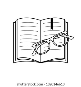 glasses lie on an open book, black outline white background, vector, icon, clipart, design, decoration