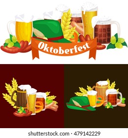 Glasses of light and dark beer with snacks on a pub background.