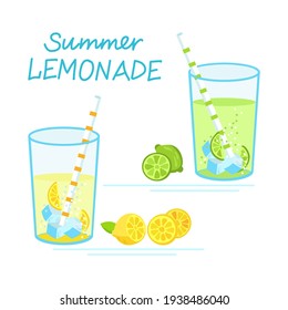 Glasses of lime and lemon drink with ice and straw. Vector illustration summer lemonade concept.