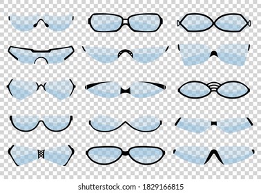 Glasses line art silhouette, eyewear and optical accessory. Medical classic ocular set. Vector glasses isolated illustration on transparent background. Various shapes. Glasses model icons