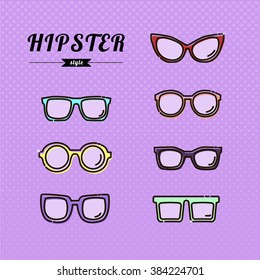 Glasses Linear Icons Set. Hipster Colorful Retro Vintage Vector Design Set. Stylish and Trendy Glasses. Vector illustration