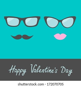 Glasses with lips and moustache. Flat design. Happy Valentines Day card. Vector illustration.