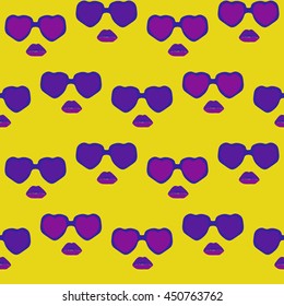 Glasses and lips pattern. Vintage hipster background. Print for your T-shirts.