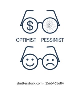 Glasses. A look at the world. Optimist, pessimist. Vector linear icon on a white background.