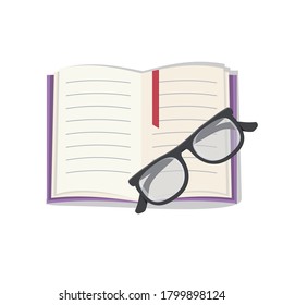 Glasses are lying on an open book, color vector illustration, clipart, design, decoration, icon, sign, banner