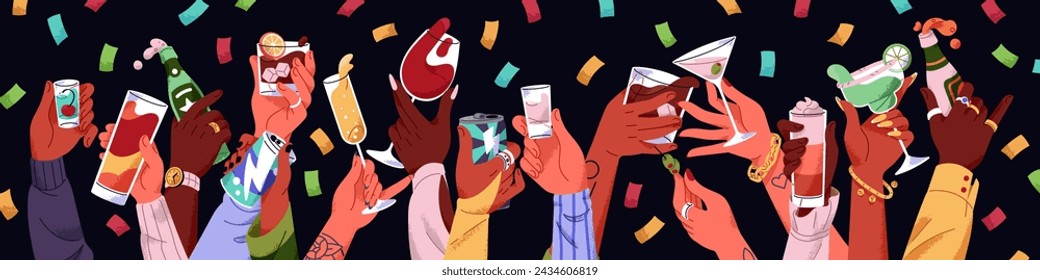 Vasos de martini, vino, champán, latas de bebidas energéticas en la bandera de las manos. La gente espera, aplaude con botellas de cerveza en la fiesta. Amigos divertirse, celebrar con cócteles de alcohol. Ilustración vectorial aislada plana