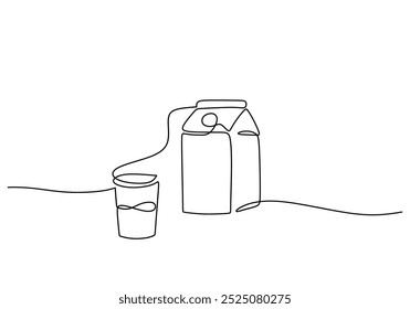 Vasos y cartones de leche continuo de una línea de dibujo. Concepto de bebida saludable. Fondo minimalista de Ilustración vectorial.