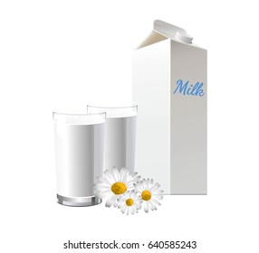 Glasses of milk and package in white background