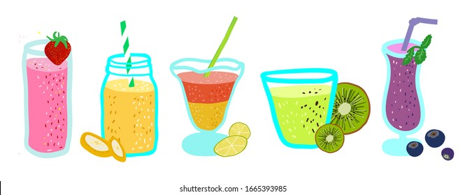 glasses milkshake and juicy fruit elements set, drawn by hand in a cartoon style. Isolated elements.