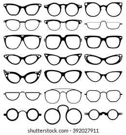  Glasses model icons, man, women frames. Sunglasses, eyeglasses isolated on white.  silhouettes. Different shapes, frame, styles.  Vector illustration on white background.