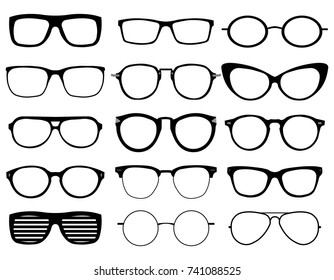 Glasses model icons, man, women frames. Sunglasses, eyeglasses black silhouettes isolated on white. Different shapes, frame, styles. Vector illustration on white background. EPS