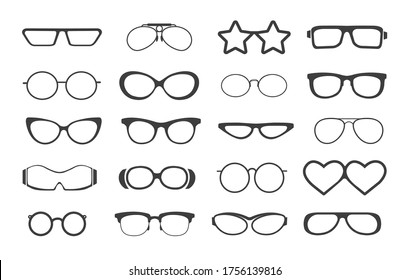 Glasses model set. Eyeglasses silhouettes icons, fashion plastic glasses and retro sunglass, oculars with modern optical lenses, vector illustration isolated on white background