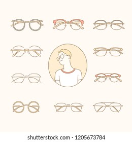 glasses model and various kind of glasses. hand drawn style vector design illustrations.