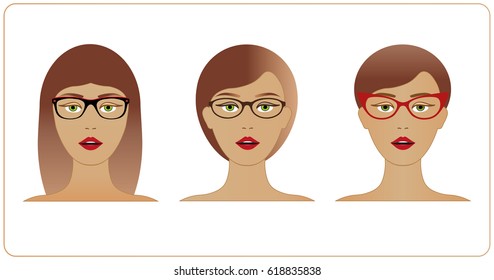 Glasses models for women Vector illustration. Fashion Business Woman with stylish glasses and red lips