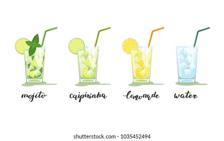 Glasses of mojito, caipirinha, lemonade and water with ice. Summer drinks with handwriting. Vector illustration isolated on white background