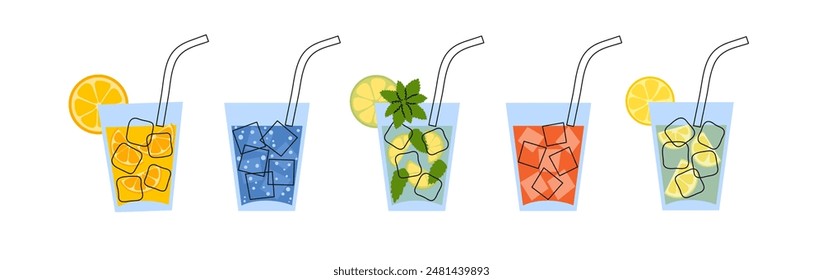 Glasses of mojito, caipirinha, lemonade, water and juice. 